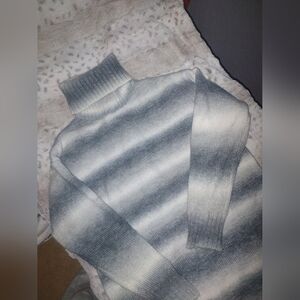 Striped Gray and White Turtleneck Sweater